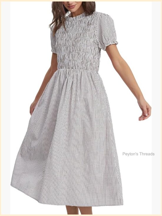 Dresses & Skirts - Summer Midi Dress Puff Short Sleeve Flowy Boho Beach Gingham Smocked Sundress